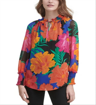 Blusa Calvin Klein Feminina Estampada com Amarração no Pescoço, Preta, Tamanho Grande