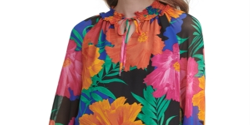 Blusa Calvin Klein Feminina Estampada com Amarração no Pescoço, Preta, Tamanho Grande