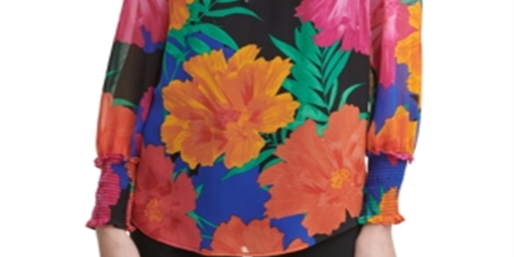 Blusa Calvin Klein Feminina Estampada com Amarração no Pescoço, Preta, Tamanho Grande