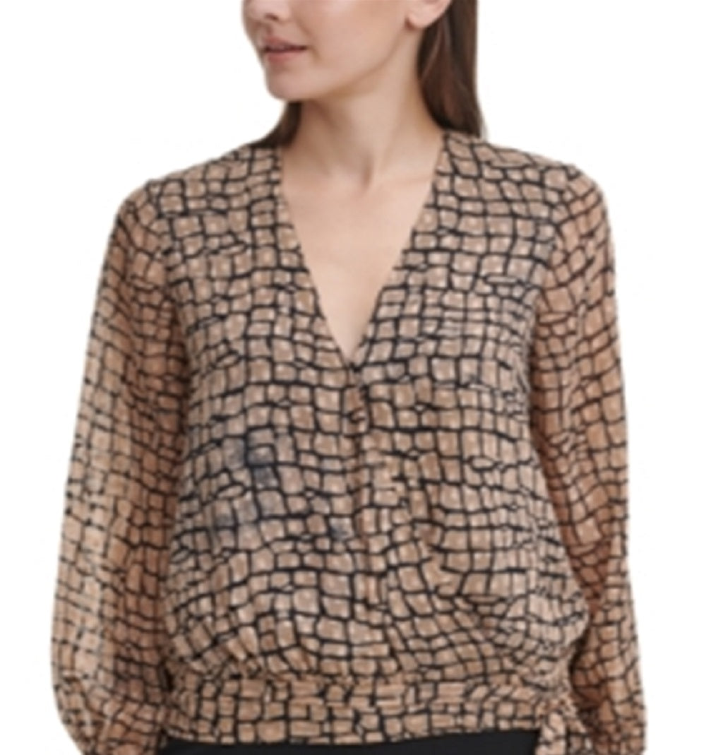 Blusa Calvin Klein Feminina Estampada Amarrada na Cintura, Marrom, Tamanho X-S