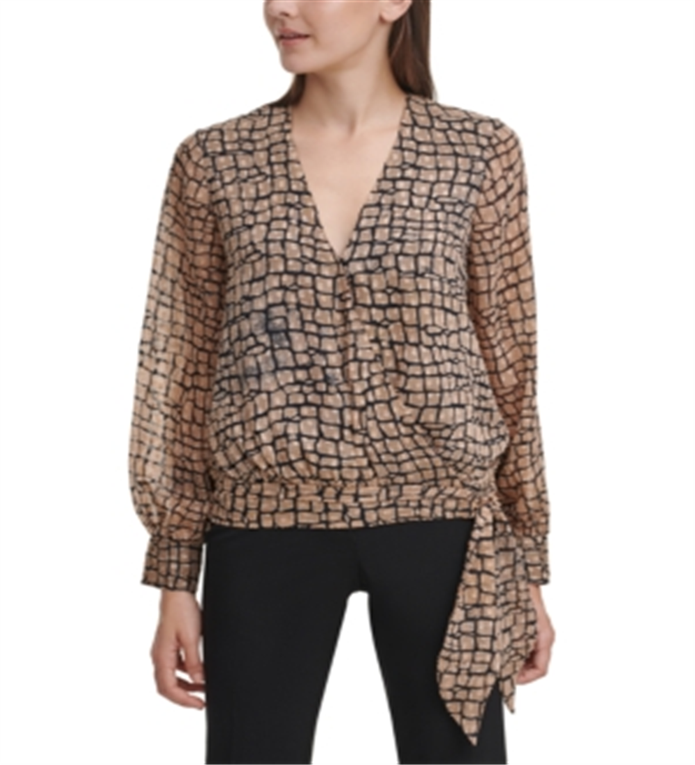 Blusa Calvin Klein Feminina Estampada Amarrada na Cintura, Marrom, Tamanho X-S