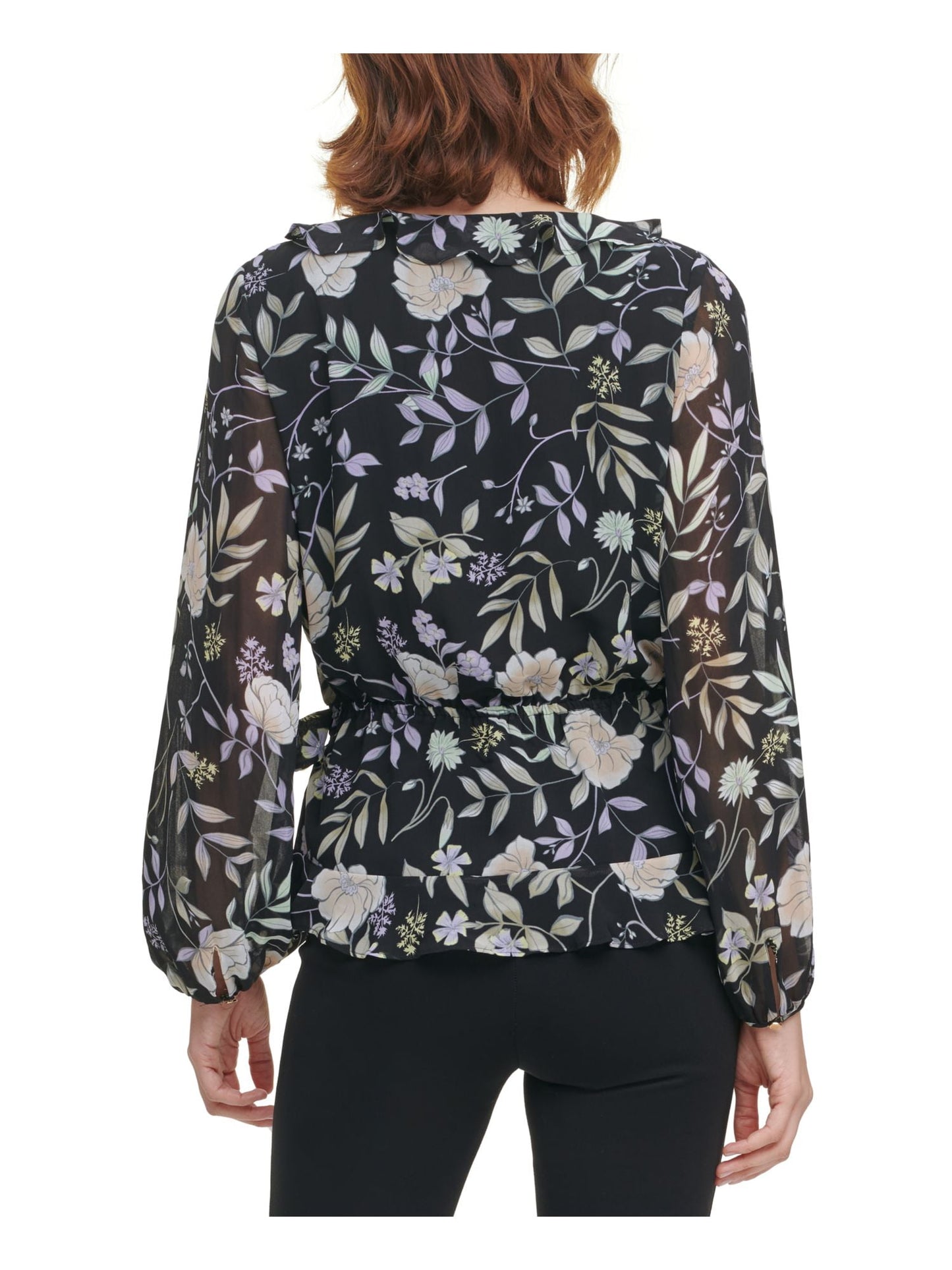 Blusa feminina Calvin Klein estampada com babados e estampa de babados, preta, tamanho X-S