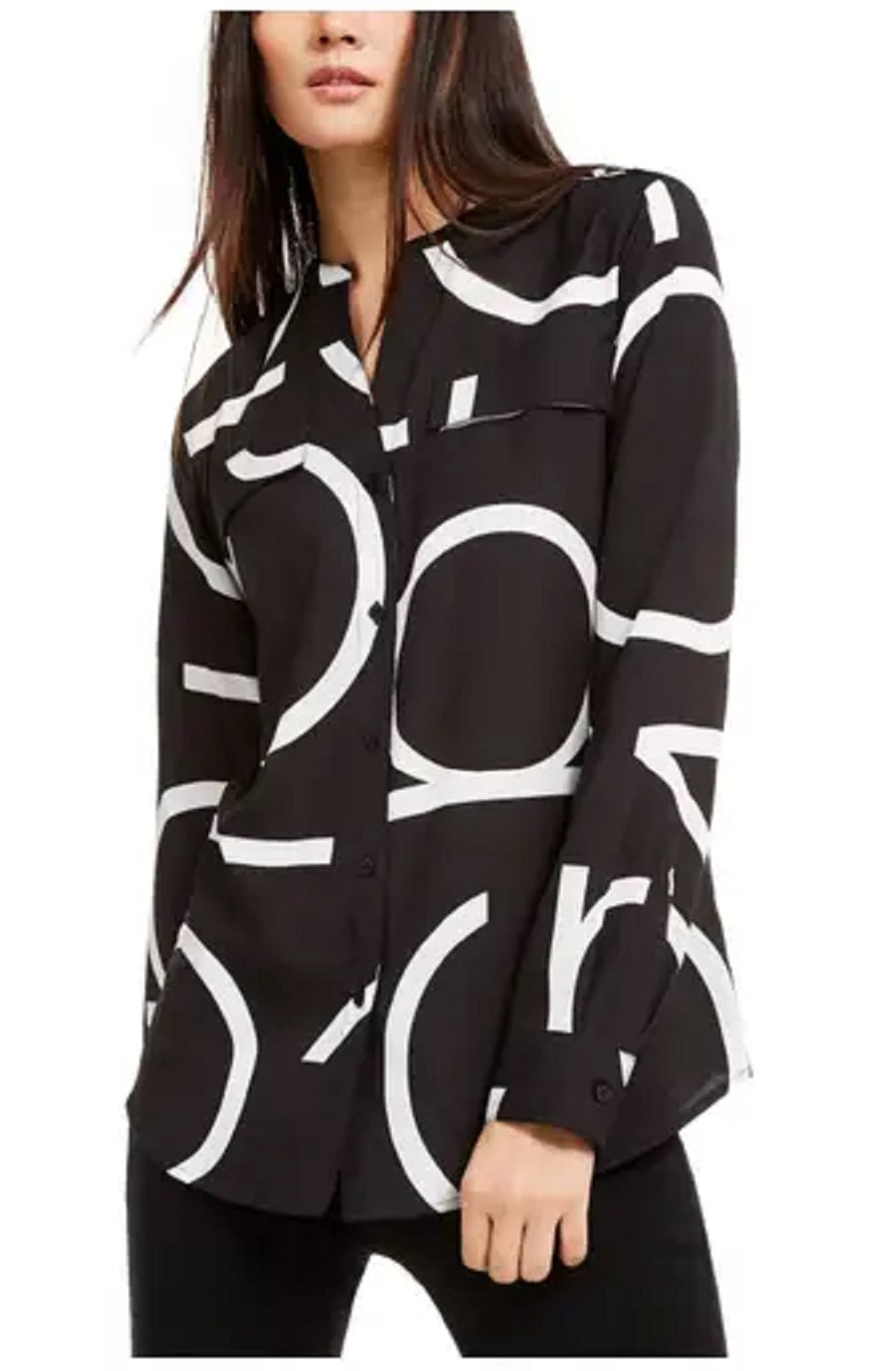 Blusa Calvin Klein Feminina Manga Longa com Logo e Botões Frontais Preta Tamanho Grande