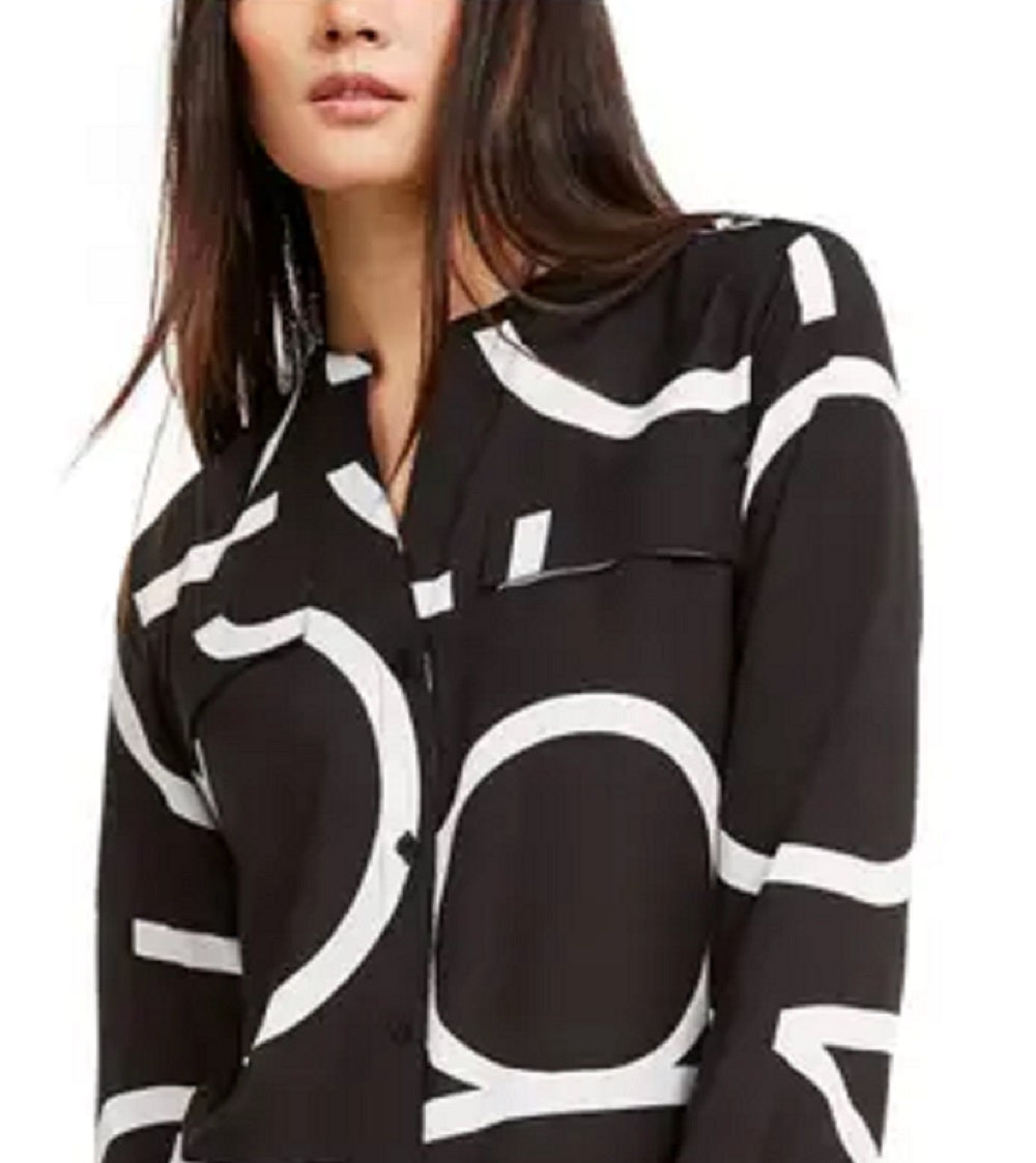 Blusa Calvin Klein Feminina Manga Longa com Logo e Botões Frontais Preta Tamanho Grande