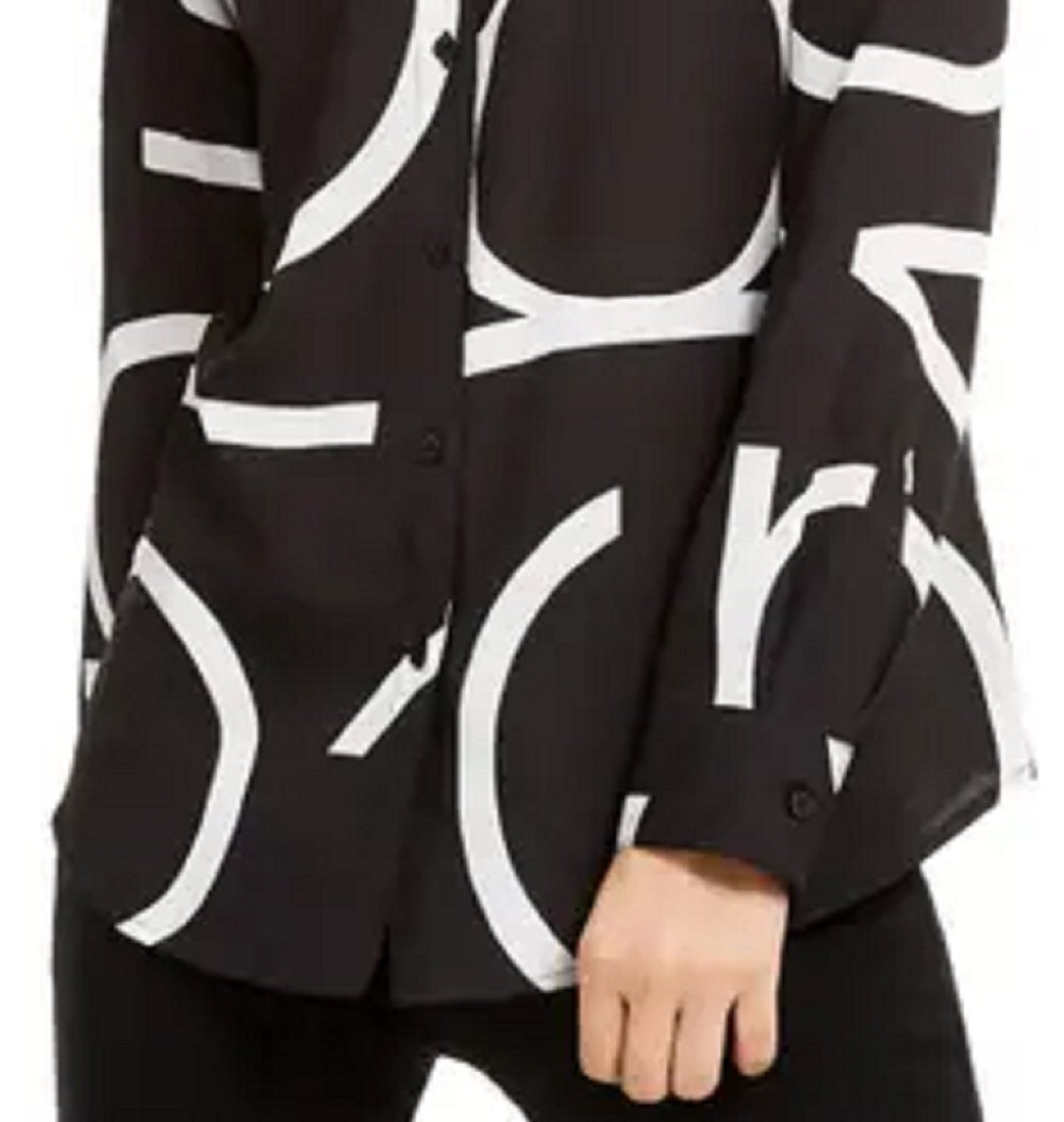 Blusa Calvin Klein Feminina Manga Longa com Logo e Botões Frontais Preta Tamanho Grande