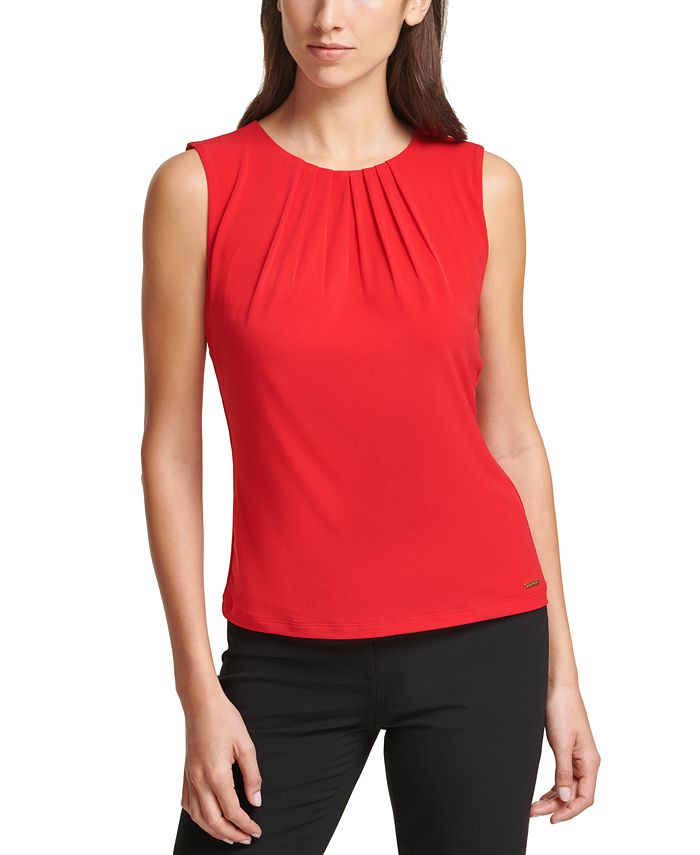 Blusa plissada sem mangas Calvin Klein feminina vermelha tamanho pequeno X-S