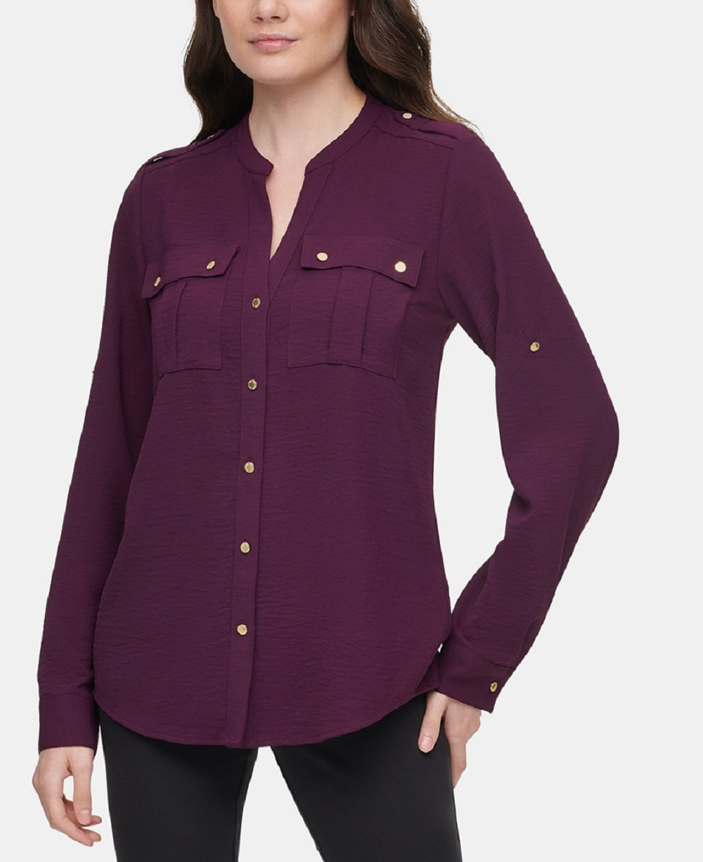 Blusa Calvin Klein Feminina Texturizada com Aba Rolada Roxa Tamanho Grande