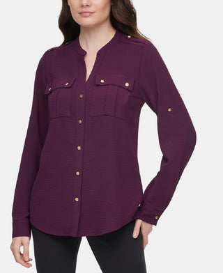 Calvin Klein Women's Textured Roll Tab Blouse Purple Size Large
