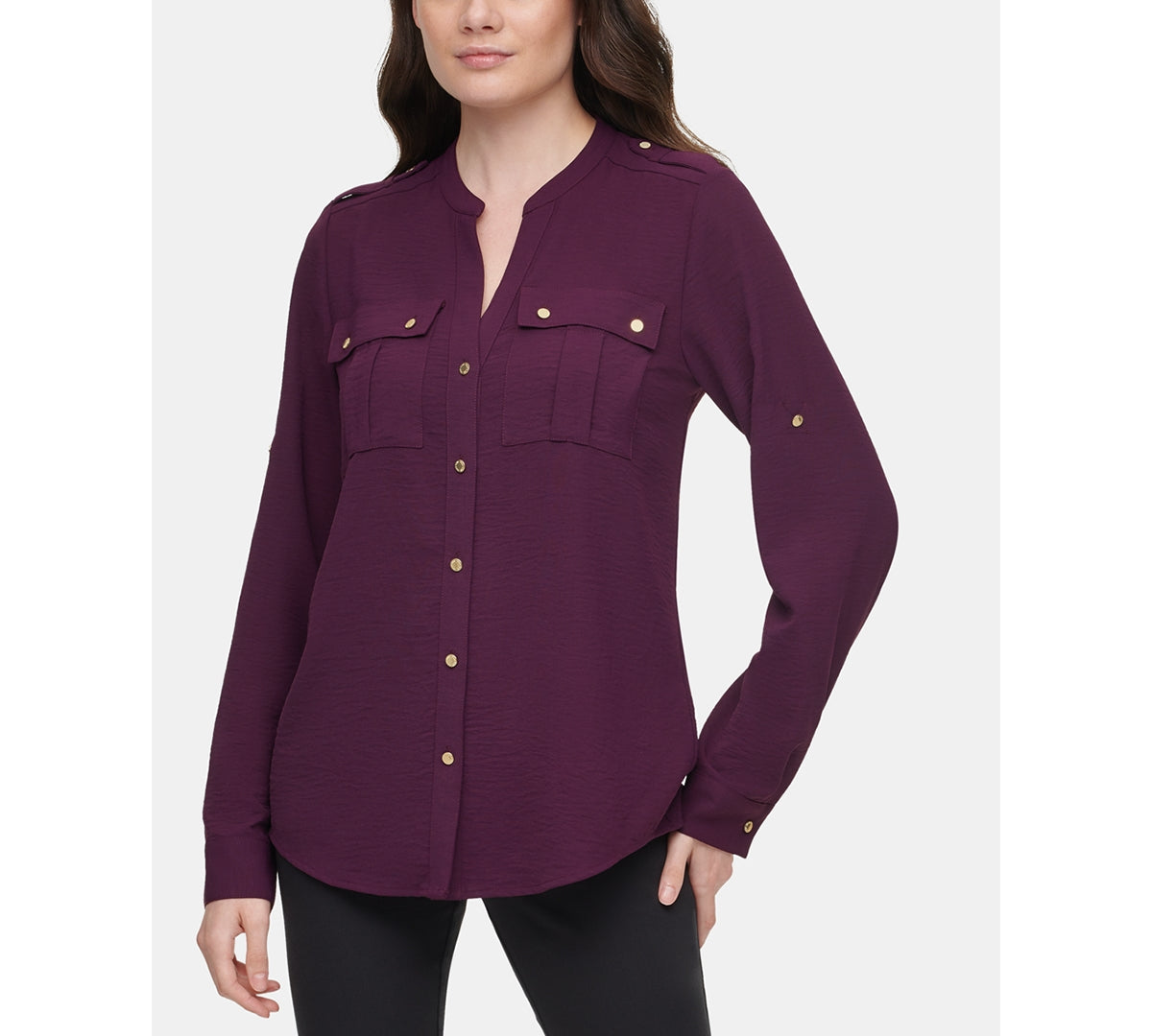 Blusa Calvin Klein Feminina Texturizada Roll Tab Roxa Tamanho Médio