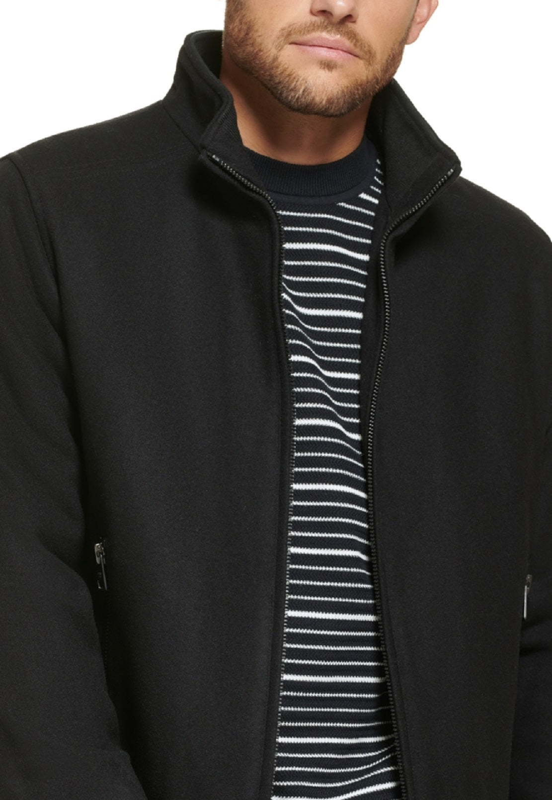 Jaqueta bomber de lã masculina Calvin Klein com acabamento em malha, preta, tamanho médio