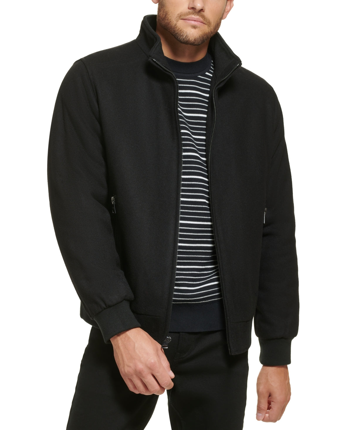 Jaqueta bomber de lã masculina Calvin Klein com acabamento em malha, preta, tamanho médio