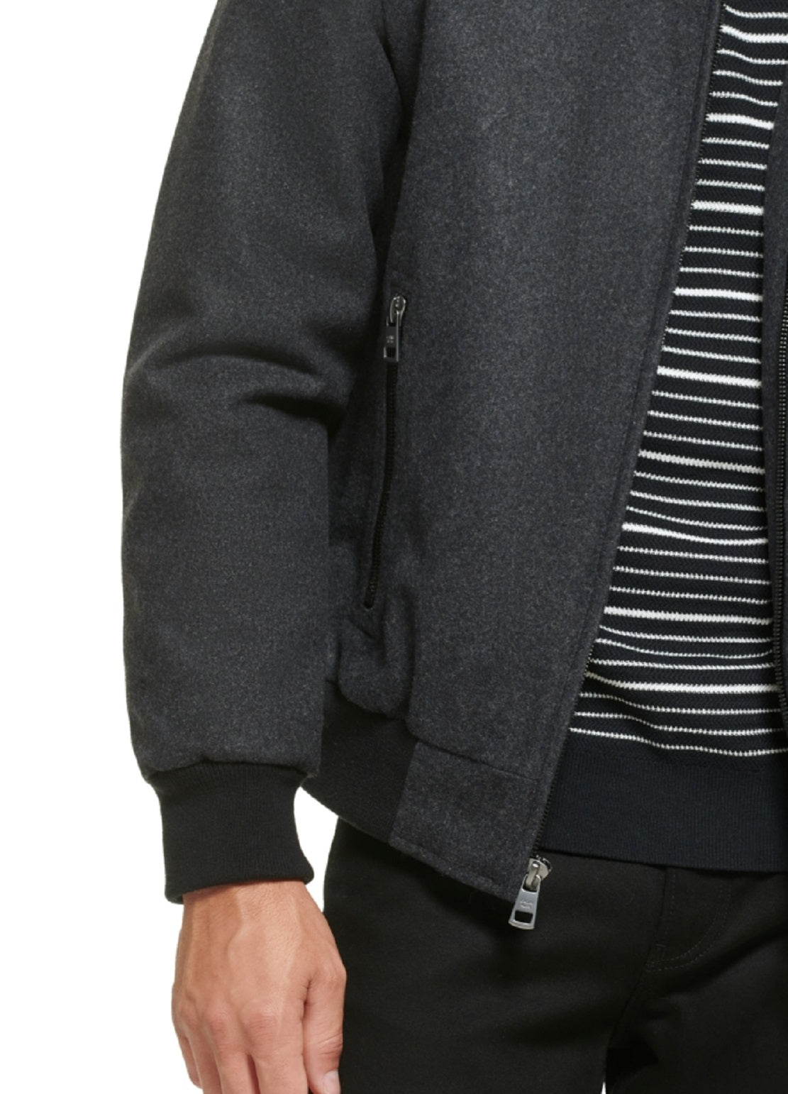 Jaqueta bomber de lã masculina Calvin Klein com acabamento em malha cinza, tamanho pequeno