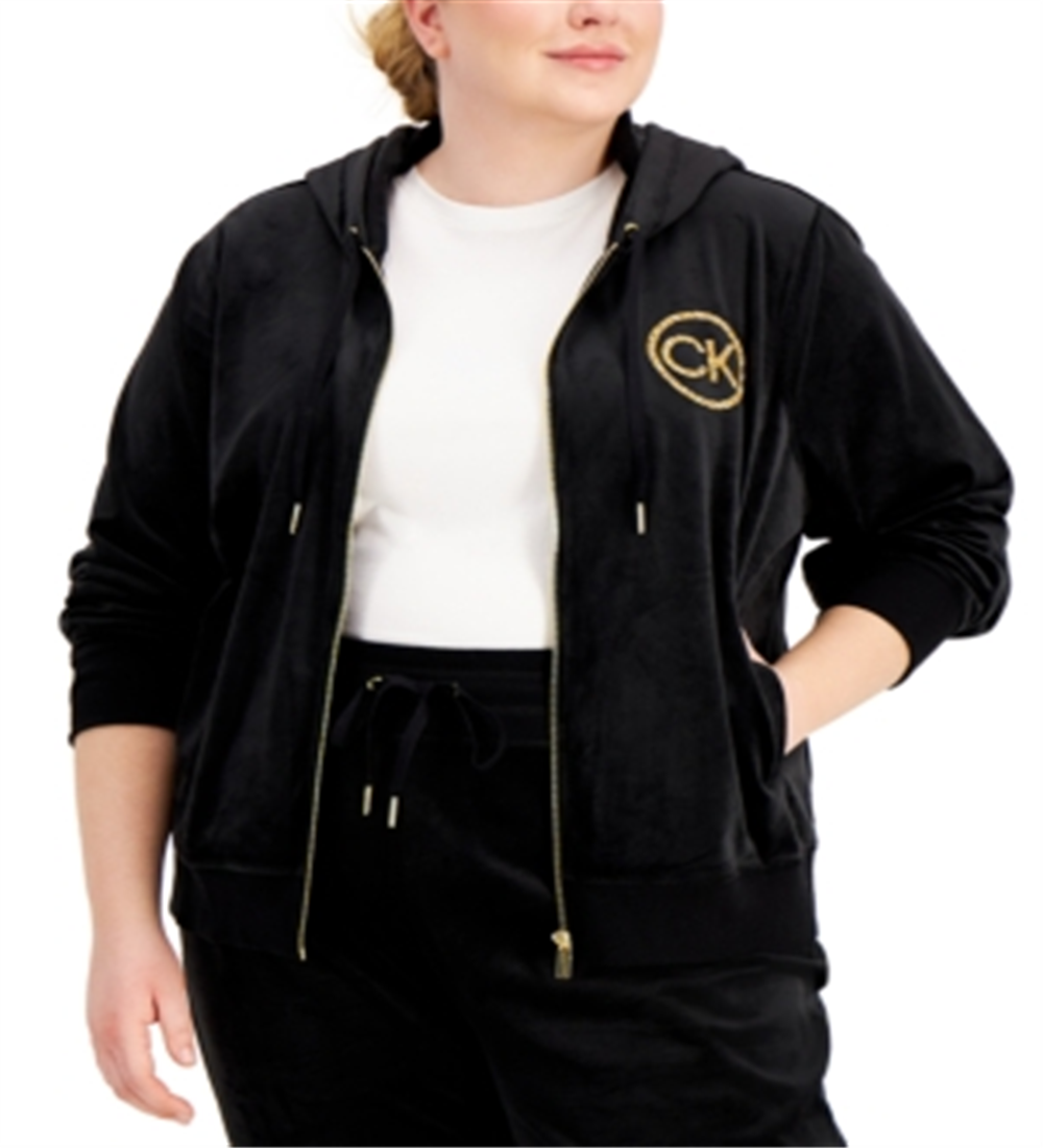 Calvin Klein Moletom com capuz feminino com zíper e logotipo de veludo, preto, tamanho 1X