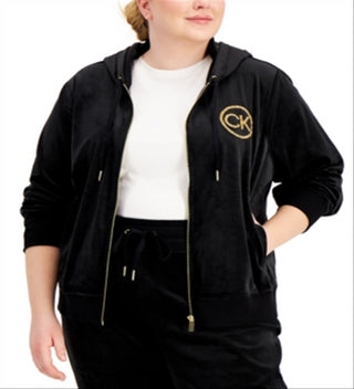 Calvin Klein Moletom com capuz feminino com zíper e logotipo de veludo, preto, tamanho 1X
