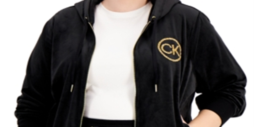 Calvin Klein Moletom com capuz feminino com zíper e logotipo de veludo, preto, tamanho 1X