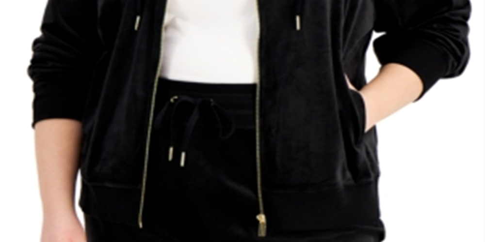 Calvin Klein Moletom com capuz feminino com zíper e logotipo de veludo, preto, tamanho 1X