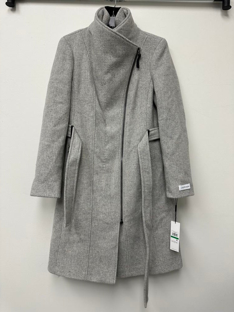 Calvin Klein Casaco feminino com cinto e acabamento em couro sintético, cinza, tamanho grande