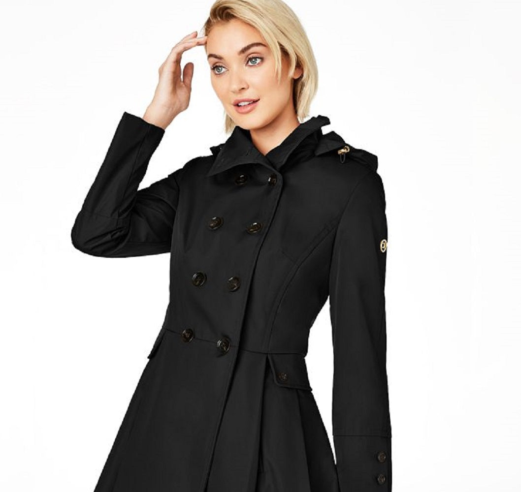Calvin Klein Capa de chuva feminina resistente à água, com capuz e abotoamento duplo, preta, tamanho grande