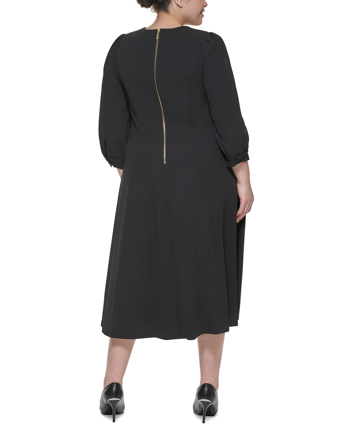 Vestido midi feminino Calvin Klein com ombros bufantes, preto, tamanho 16W