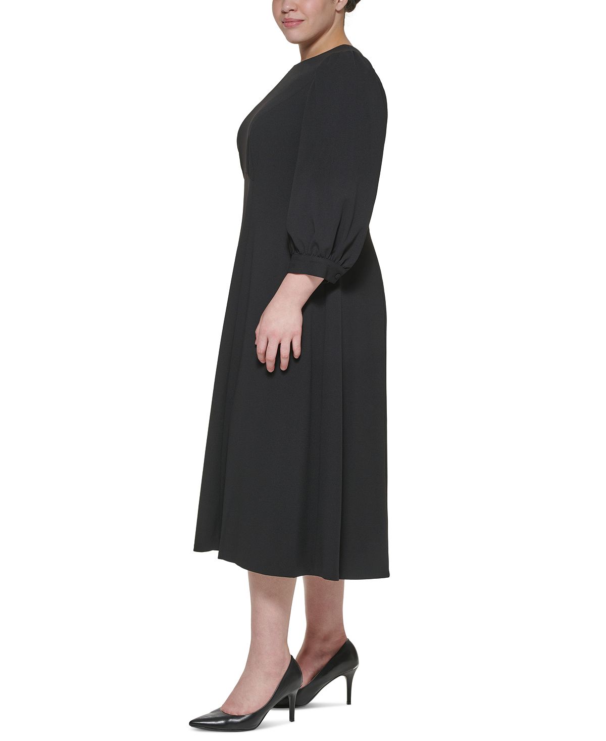 Vestido midi feminino Calvin Klein com ombros bufantes, preto, tamanho 16W