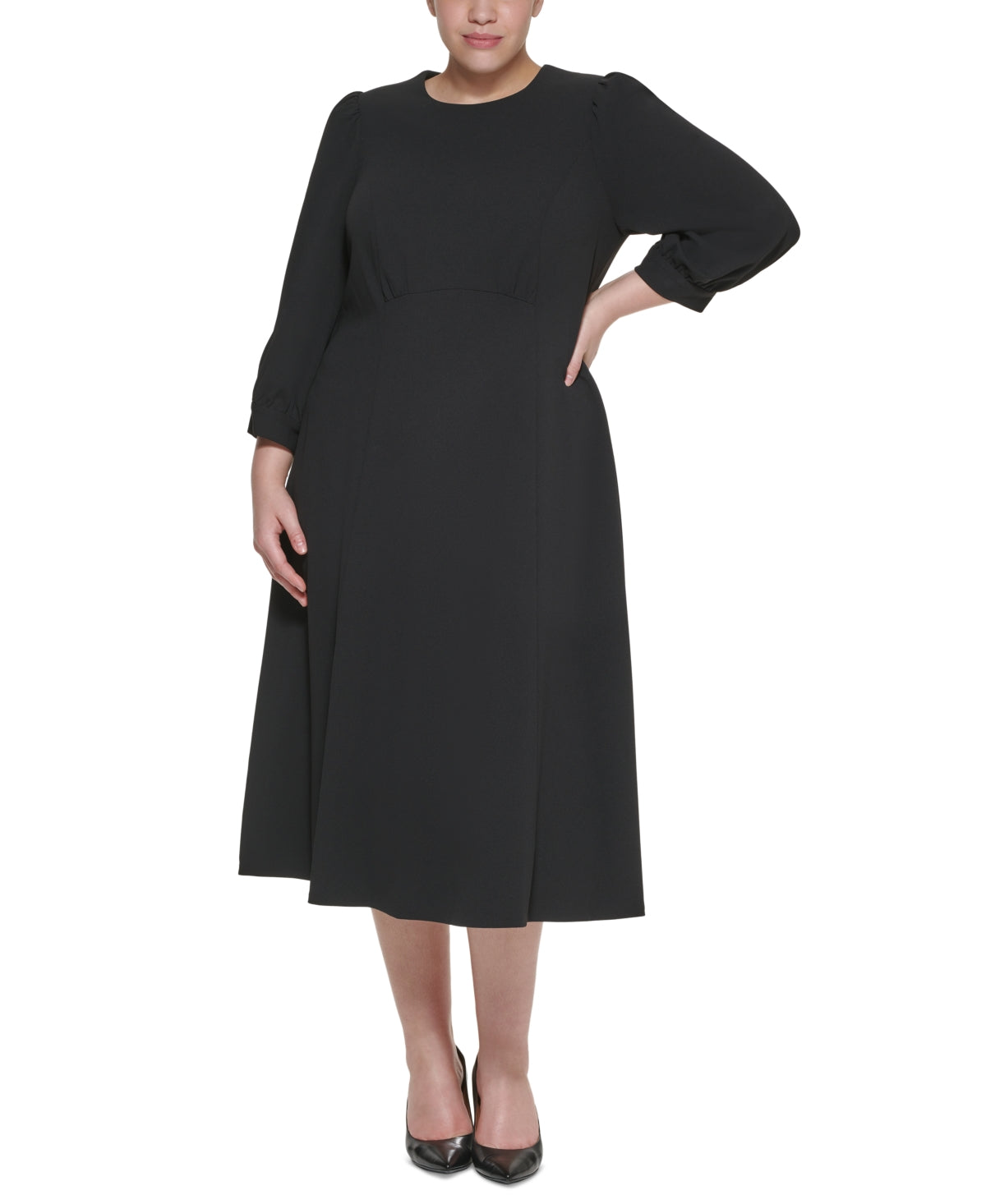 Vestido midi feminino Calvin Klein com ombros bufantes, preto, tamanho 16W