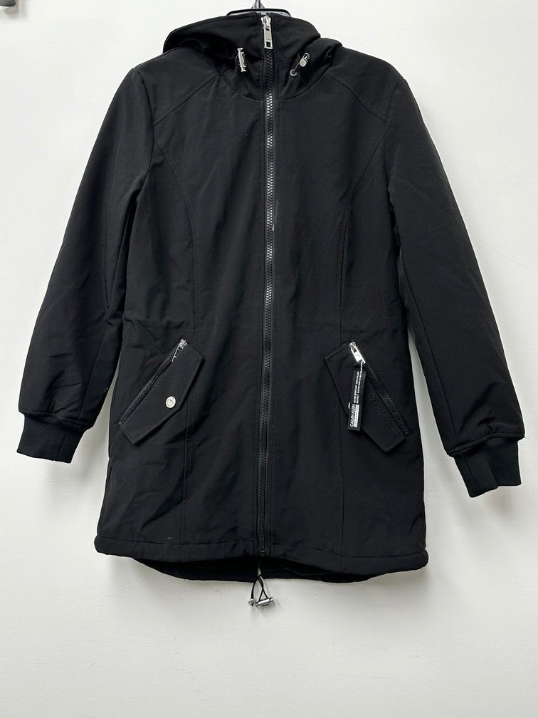 Calvin Klein Feminino Petite Fleece-Forrado Anorak com Capuz Capa de Chuva Preta Tamanho Petite XXS