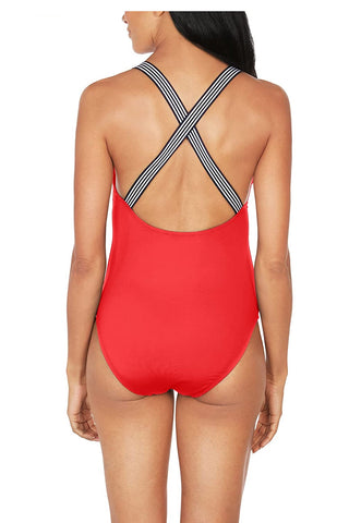 Maiô feminino Nautica Lifeguard com costas cruzadas, vermelho, tamanho médio