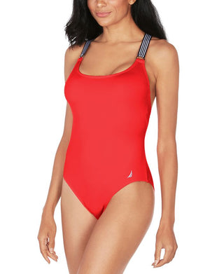 Maiô feminino Nautica Lifeguard com costas cruzadas, vermelho, tamanho médio