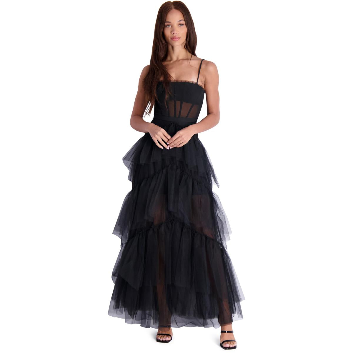 Vestido corpete de tule feminino BCBGMAXAZRIA Essential, preto, tamanho 2
