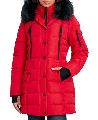 Casaco acolchoado com capuz e acabamento em pele sintética Nautica feminino, vermelho, tamanho grande