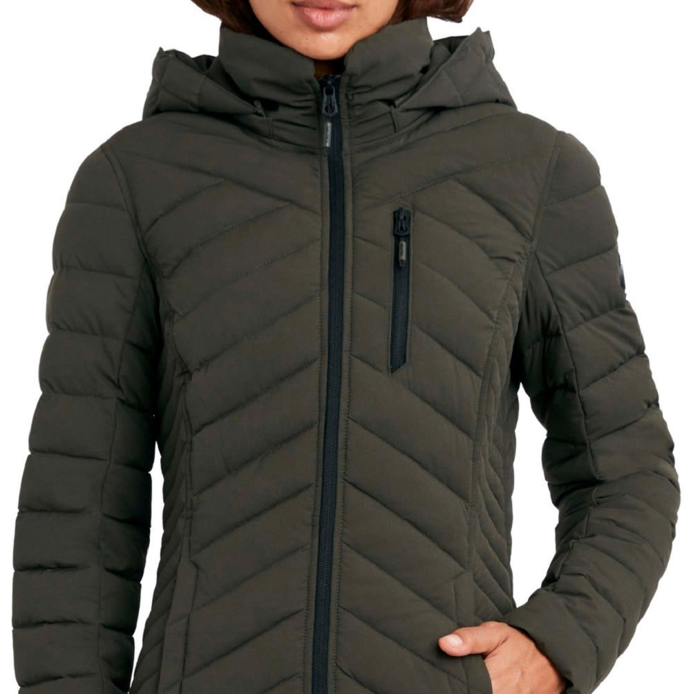 Casaco acolchoado com capuz Nautica feminino, elástico e dobrável, verde, tamanho X-S
