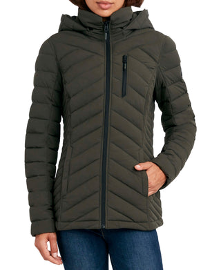 Casaco acolchoado com capuz Nautica feminino, elástico e dobrável, verde, tamanho X-S