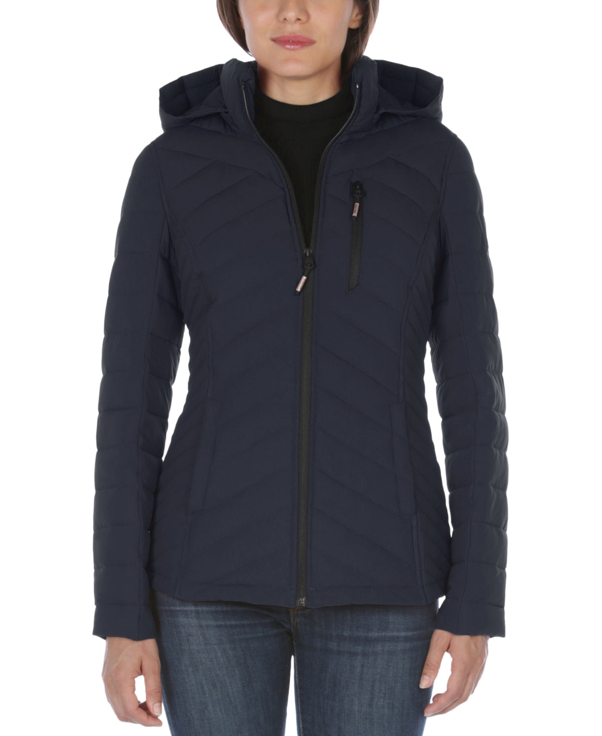 Casaco acolchoado com capuz Nautica feminino, azul, tamanho grande