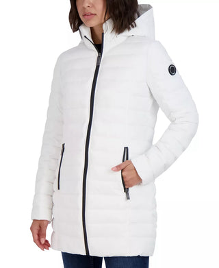 Casaco acolchoado com capuz Nautica feminino, elástico e dobrável, branco, tamanho médio