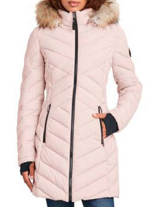 Casaco acolchoado elástico com capuz e acabamento em pele sintética Nautica feminino, rosa, tamanho XX-G