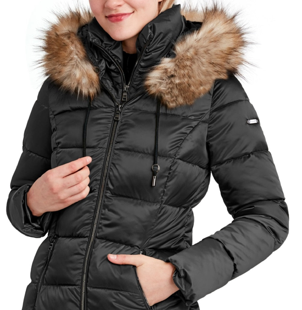 Casaco acolchoado de cetim feminino Laundry By Shelli Segal, preto, tamanho pequeno