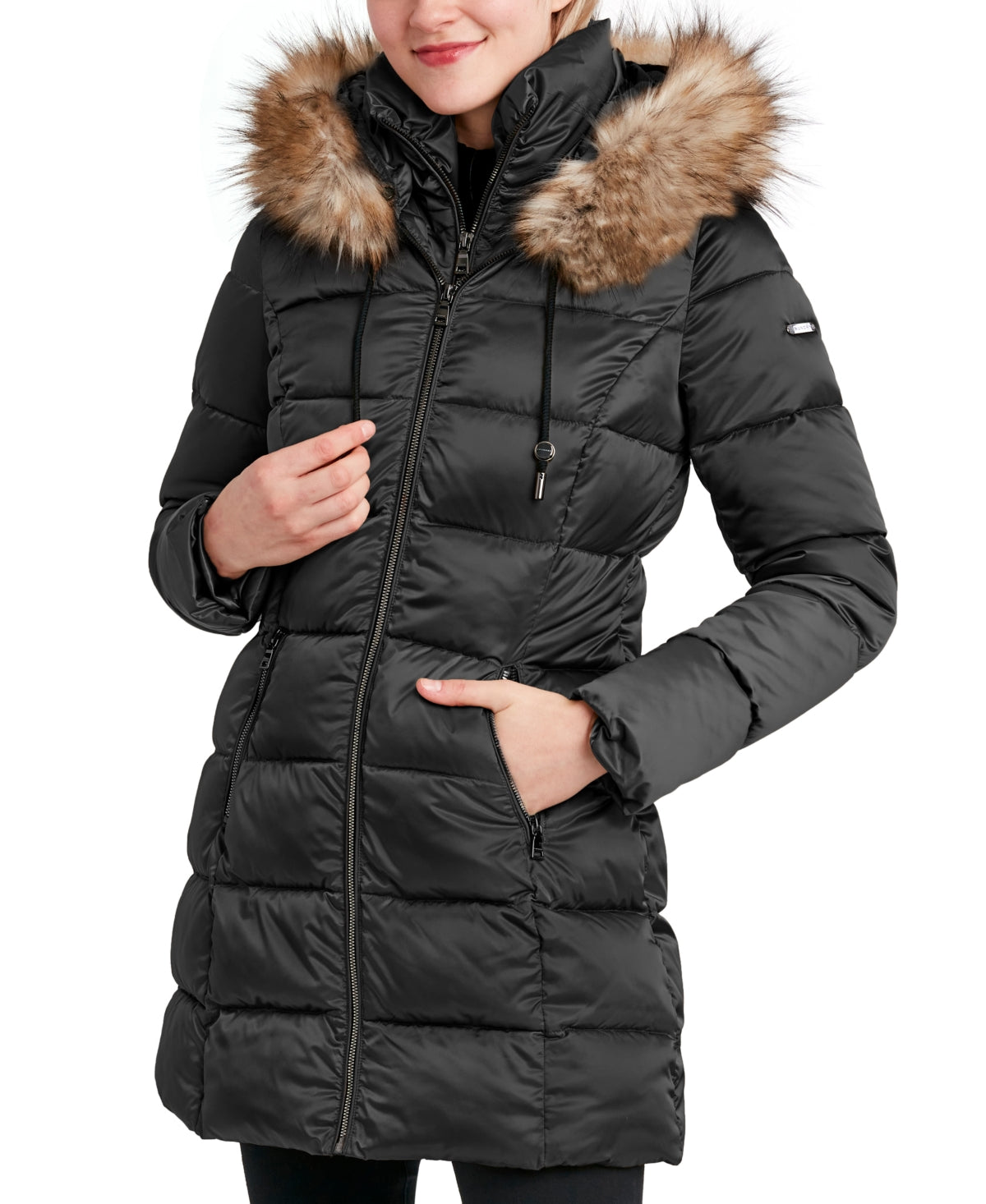 Casaco acolchoado de cetim feminino Laundry By Shelli Segal, preto, tamanho pequeno