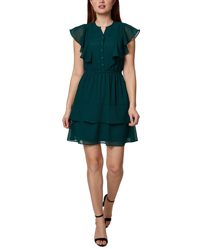 Vestido curto de festa com babados e botões transparentes, forrado, manga curta, fenda, estilo flare, verde, tamanho 6, pequeno, da Sage Women's