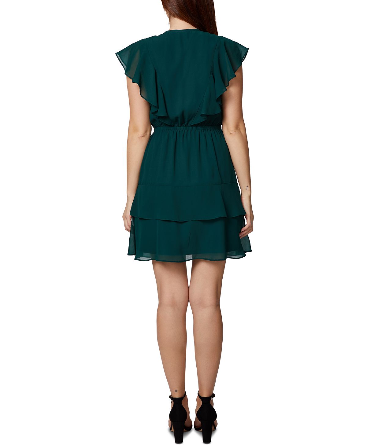Vestido curto de festa com babados e botões transparentes, forrado, manga curta, fenda, estilo flare, verde, tamanho 6, pequeno, da Sage Women's