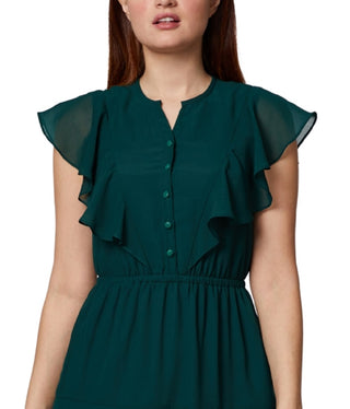 Vestido curto de festa com babados e botões transparentes, forrado, manga curta, fenda, estilo flare, verde, tamanho 6, pequeno, da Sage Women's