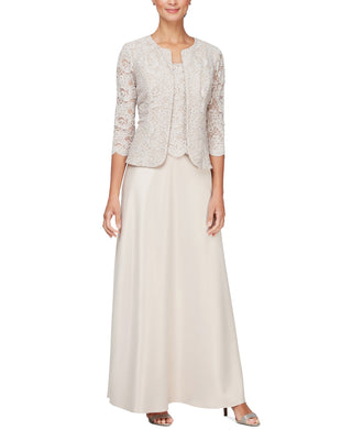 Alex Evenings Women's Embroidered Lace Mock Two Piece Gown With Jacket Brown Size 16 Petite