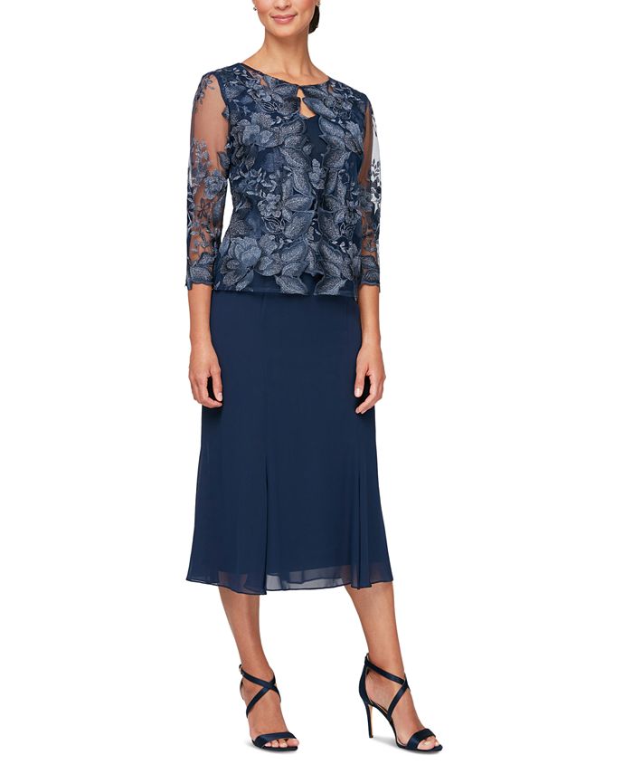 Alex Evenings Jaqueta Mock Feminina Vestido Midi Azul Tamanho 14