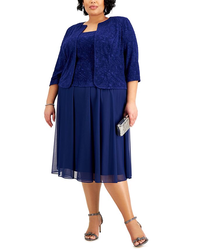 Vestido feminino Alex Evenings com glitter e jaqueta, azul, tamanho 14W