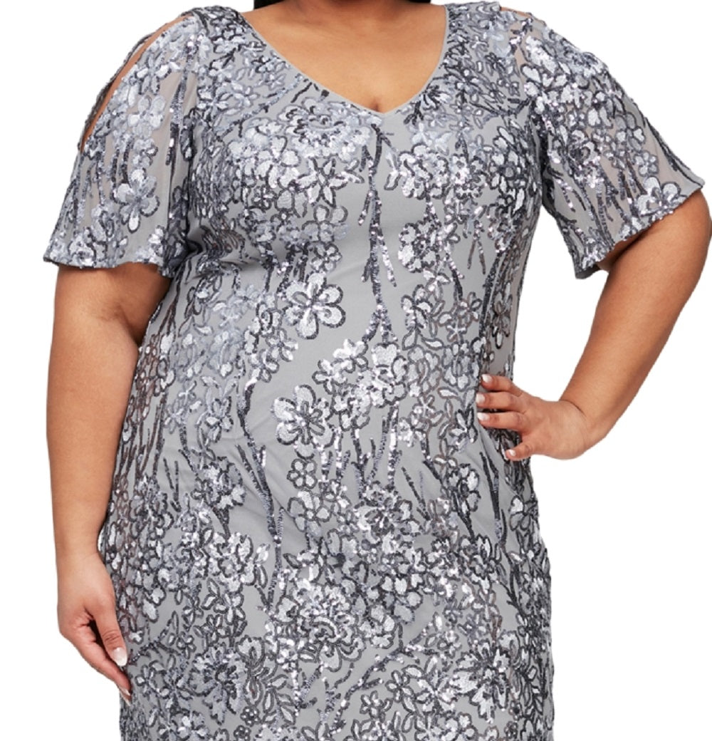 Alex Evenings Minivestido de coquetel feminino com mangas cortadas e lantejoulas, cinza, tamanho 18W