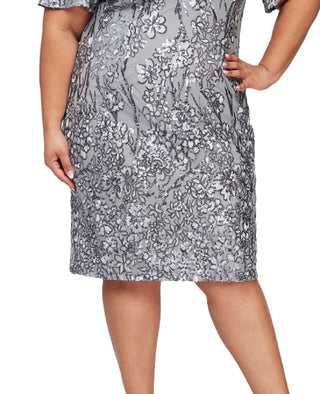 Alex Evenings Minivestido de coquetel feminino com mangas cortadas e lantejoulas, cinza, tamanho 18W