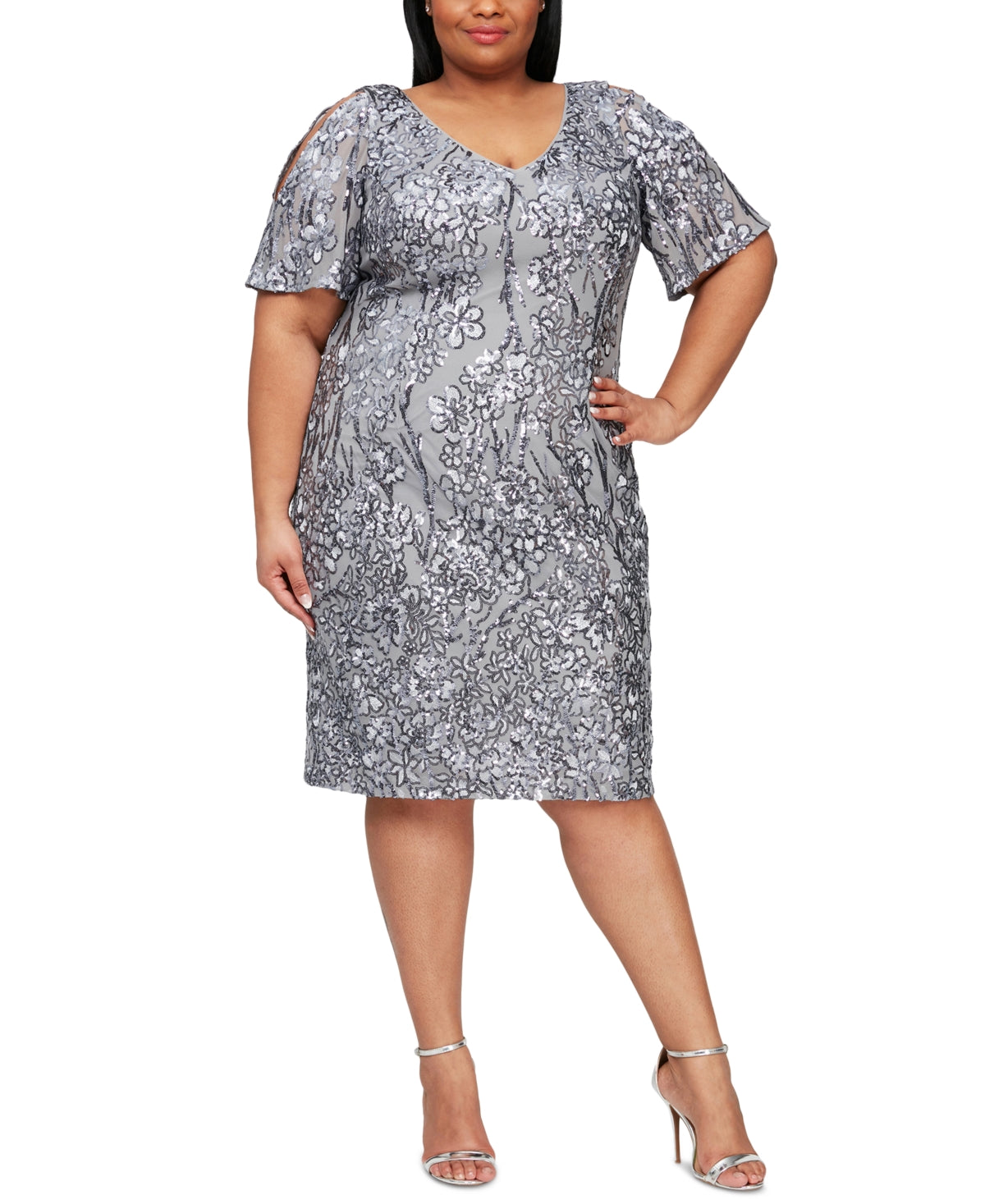 Alex Evenings Minivestido de coquetel feminino com mangas cortadas e lantejoulas, cinza, tamanho 18W