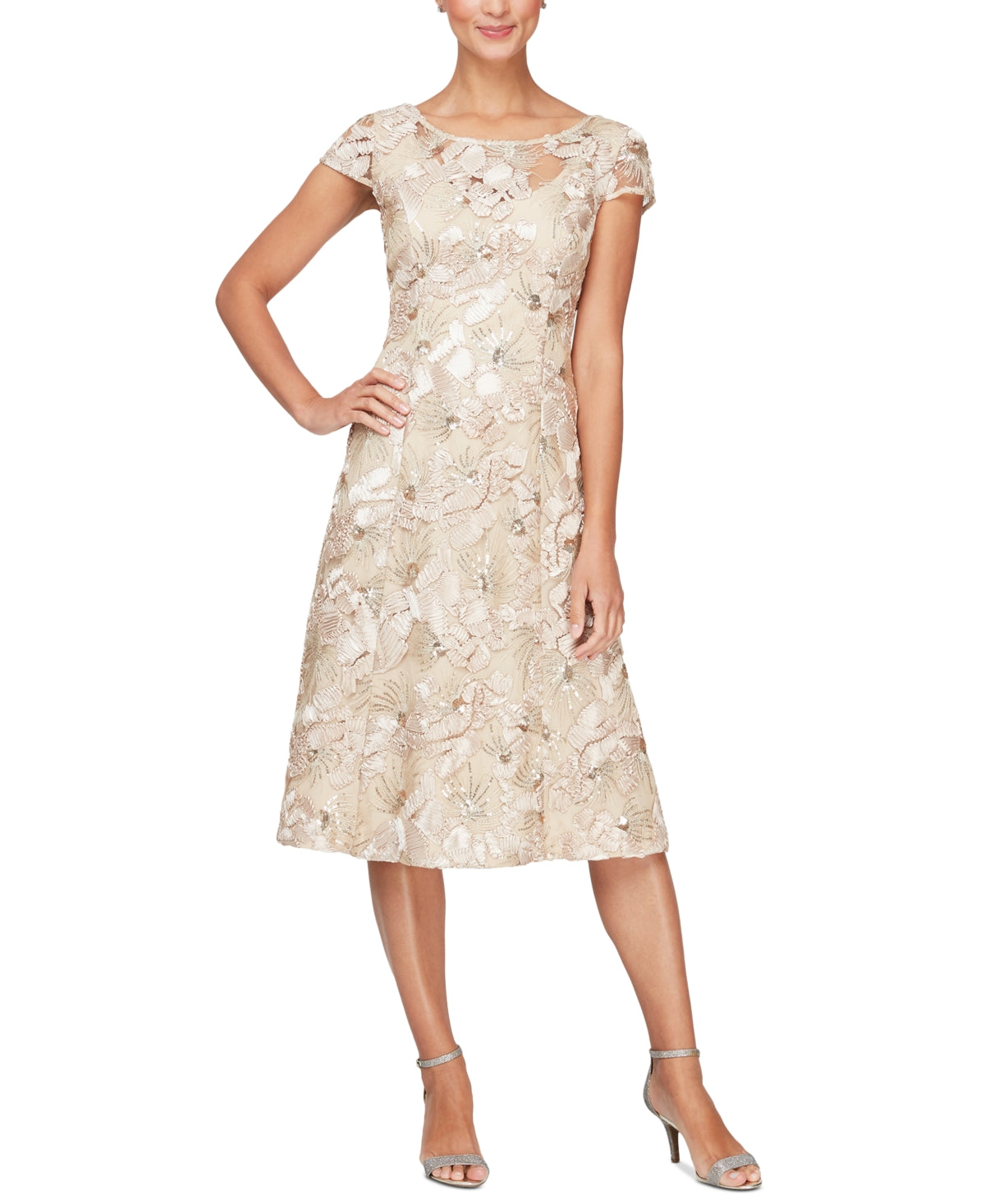 Vestido de coquetel floral com lantejoulas Alex Evenings, tamanho 8, marrom