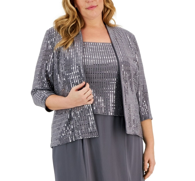 Vestido midi feminino Alex Evenings com lantejoulas e jaqueta cinza, tamanho 16W