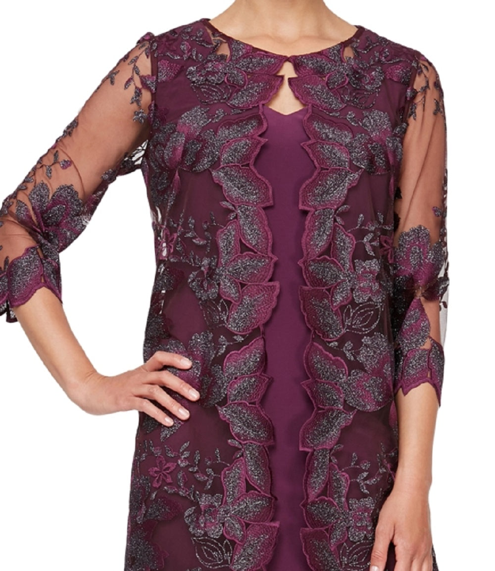 Alex Evenings Vestido de coquetel feminino bordado com jaqueta simulada, roxo, tamanho 14