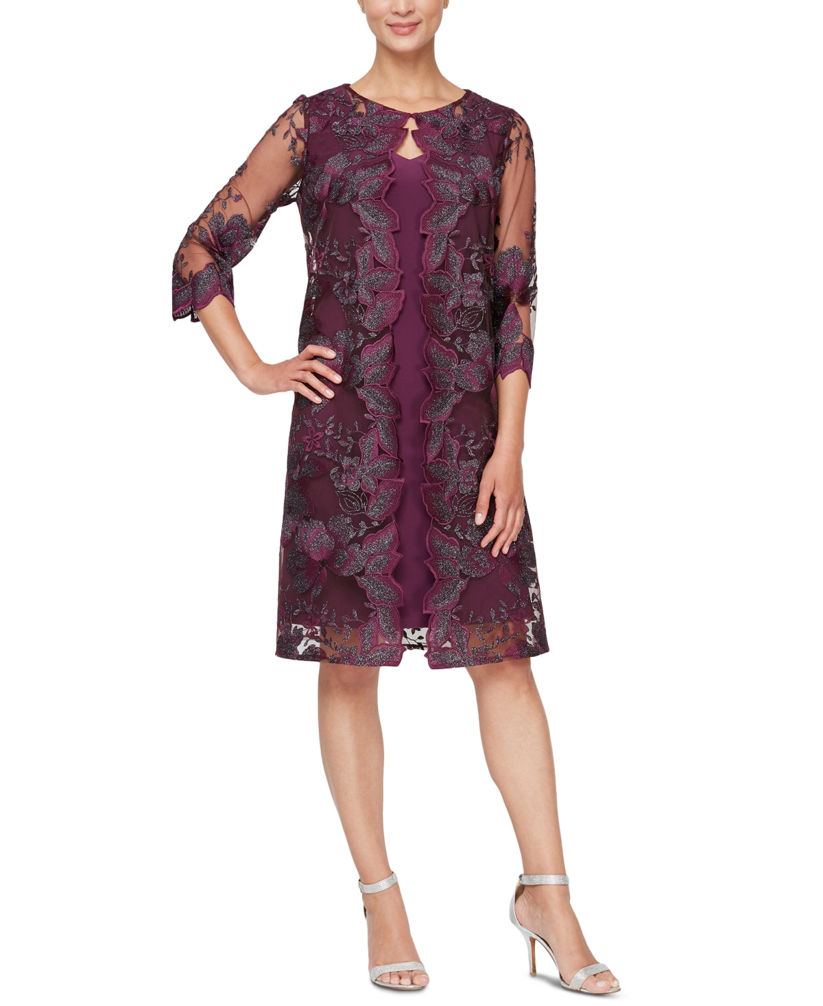 Alex Evenings Vestido de coquetel feminino bordado com jaqueta simulada, roxo, tamanho 14